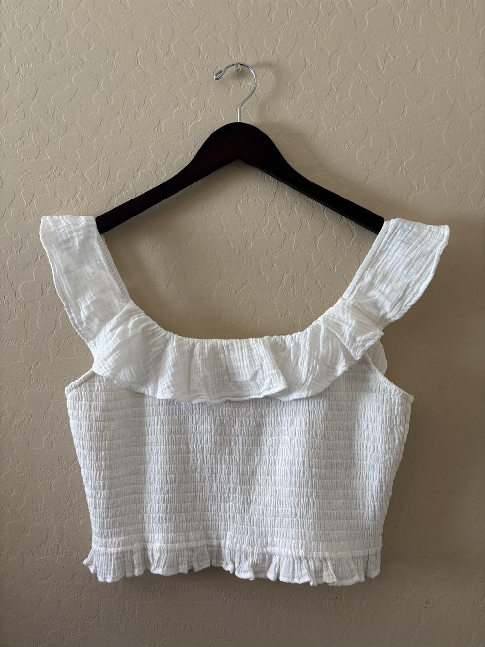 AE White Ruffled Off the Shoulder Smocked Crop White Tank Tube Top